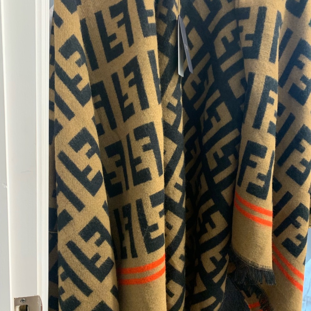 Fendi Brown Black Logo Wool Scarf with Orange Stripes